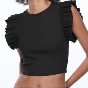 ZARA cropped ruffle top in white